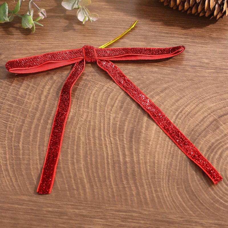 Pwiuor 30 Pcs Velvet Christmas Tree Bows Decorations, Vintage Velvet Ribbon Bows with Twist Tie for Wreath Garland Gift Wrapping Indoor Outdoor Decor (Red) - Image 2